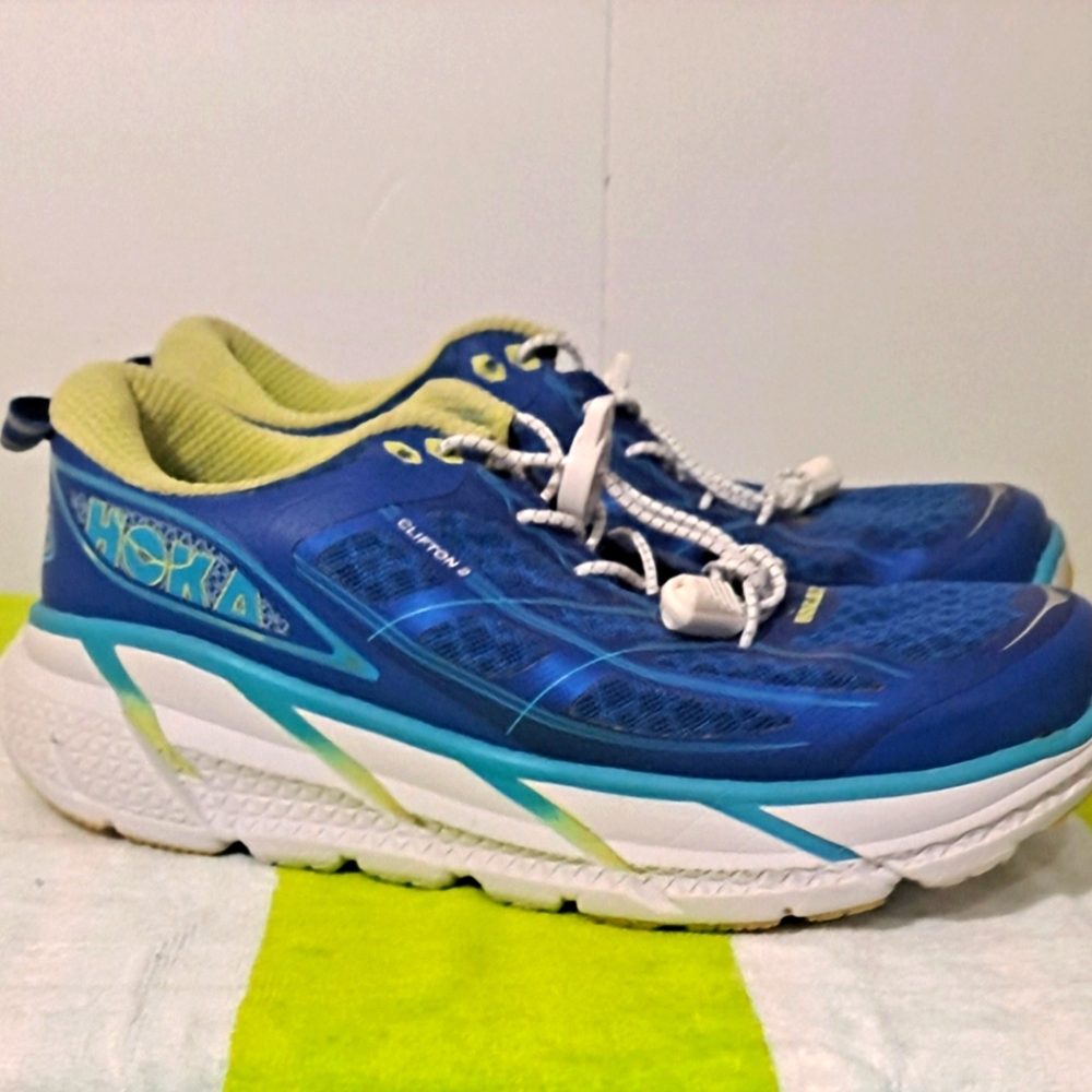 Hoka One One Women's Clifton 2 True Blue/Sunny Lime Running Shoes Size 7.5